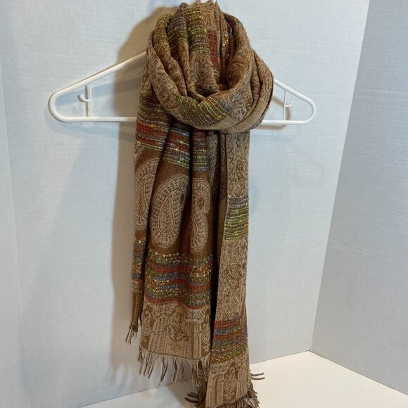 Oversized tan and multi-color paisley embroidered scarf - Picture 4 of 8